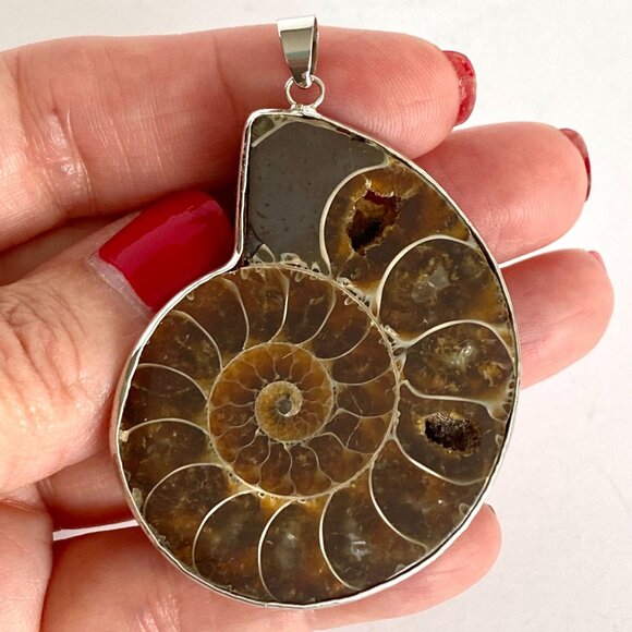 Large Brown Iridescent Ammonite Spiral Fossil Sterling Silver Pendant 2in Long - Picture 2 of 10